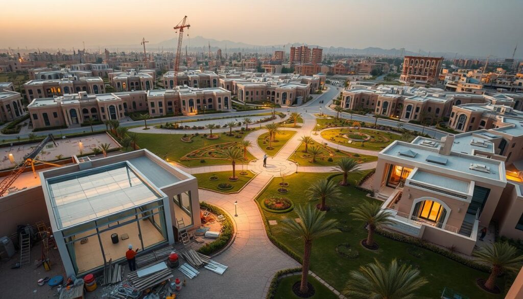 A stunning panoramic view of a residential community in Qatif, Saudi Arabia. In the foreground, workers skillfully construct modern annexes and glass rooms, utilizing insulated sandwich panels to create energy-efficient structures. The middle ground features beautifully landscaped gardens and paved walkways, while the background is dominated by the distinctive architecture of the region, with intricate facades and traditional elements seamlessly blending with contemporary design. Warm, diffused lighting casts a soft glow, highlighting the attention to detail and craftsmanship that defines this exemplary project, a testament to the company's expertise in delivering high-quality, tailored solutions for the Eastern Saudi aesthetic.