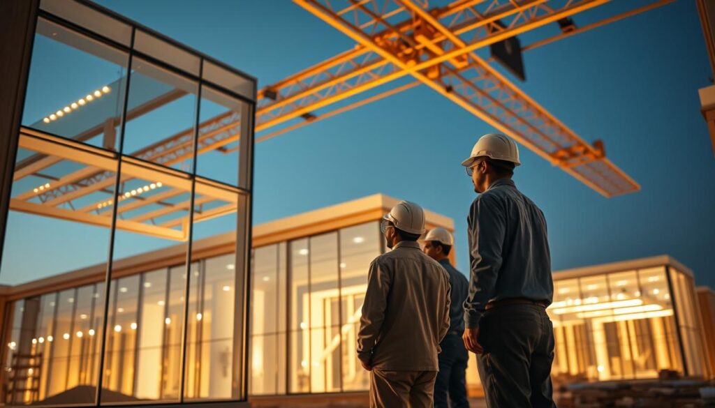 A team of professional engineers closely supervising the construction of a luxury residential complex in the Eastern Province of Saudi Arabia. The scene depicts skilled workers meticulously installing insulated sandwich panels to build modern glass-enclosed annexes, ensuring a refined and energy-efficient finish. Warm, directional lighting accentuates the geometric patterns and clean lines of the architectural design, conveying a sense of sophistication and attention to detail. The overall mood is one of diligent oversight, with the engineers closely monitoring every aspect of the high-end build process.