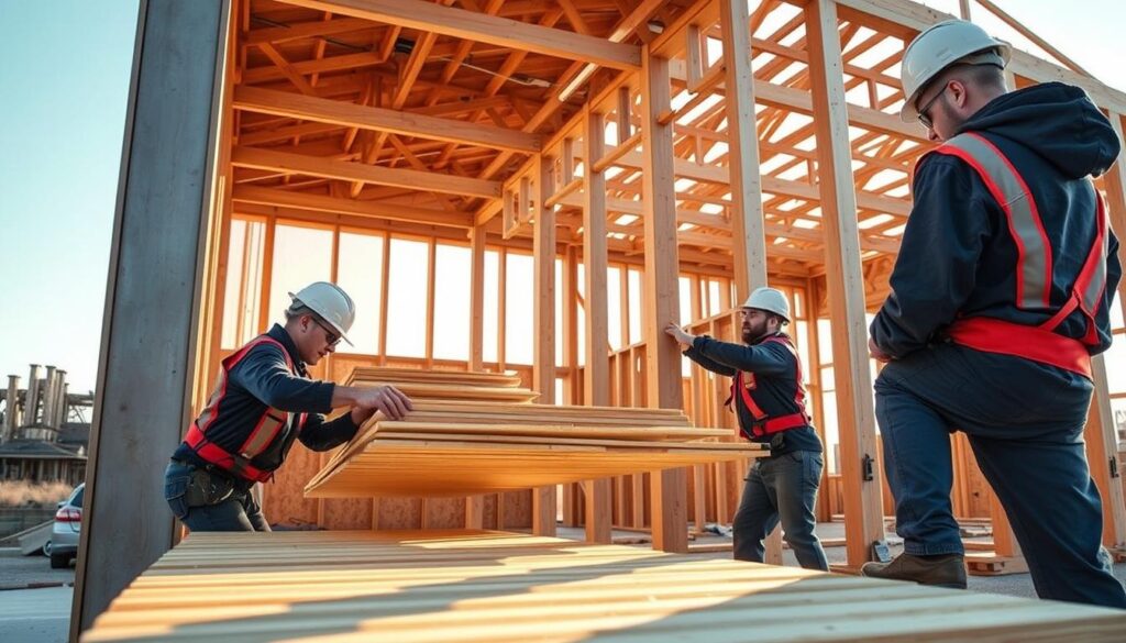 A team of skilled construction workers carefully assembles an insulated sandwich panel system, meticulously aligning each component to create a high-performance, energy-efficient building envelope. The scene is bathed in warm, natural light, with the workers' focused movements and the sleek, interlocking panels conveying a sense of precision and craftsmanship. In the background, the framework of a larger structure provides context, hinting at the integration of this specialized technique within a broader architectural vision. The image captures the methodical, step-by-step process of constructing an efficient, modern building envelope, reflecting the "Execution Steps" section of the article on comprehensive insulation and engineering design for the Eastern Annexes 2026 project.