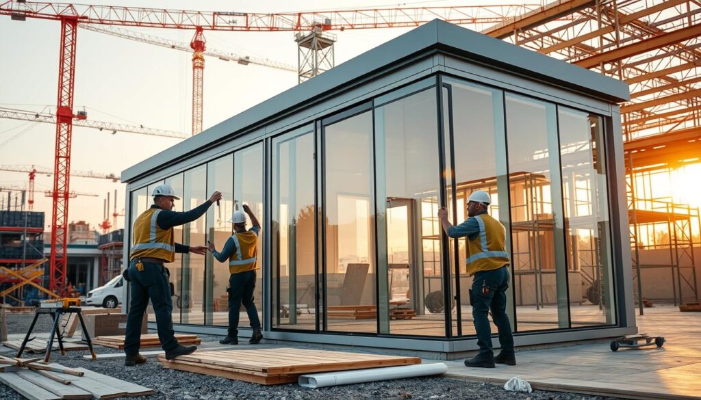 A vibrant construction scene showcasing the latest building techniques for 2026. In the foreground, skilled workers meticulously install insulated sandwich panels, crafting a modern glass-walled annex with clean lines and abundant natural light. The middle ground features the careful arrangement of building materials - sleek steel beams, high-quality finishes, and precision tools. In the background, a bustling worksite with cranes, scaffolding, and the emerging structure of the new addition, all bathed in warm, golden-hour lighting. This image captures the innovation, attention to detail, and technical expertise required to deliver exceptional building and finishing projects in the coming year.