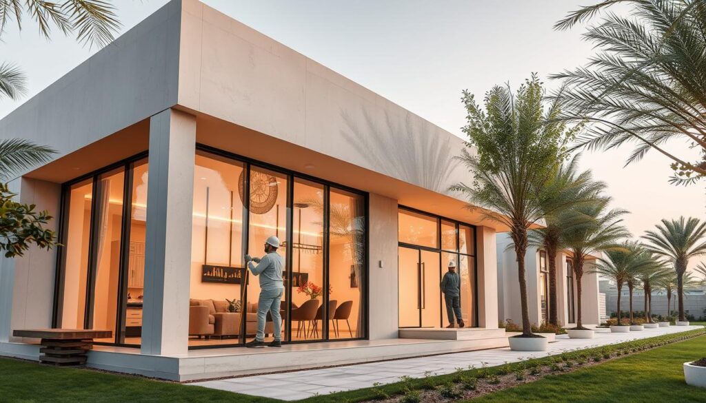 A well-designed modern annex in the city of Qatif, Saudi Arabia, showcasing an integrated thermal insulation system. The structure features glass walls and a sleek, contemporary aesthetic, seamlessly blending into the local architectural style. Skilled workers meticulously install high-performance insulated sandwich panels, ensuring energy efficiency and a comfortable living environment. The annex is situated in a serene, tree-lined setting, with a warm, inviting atmosphere that complements the region's rich cultural heritage. Carefully composed with attention to lighting, angles, and overall balance, this image captures the essence of the article's focus on the importance of annexes and lounges in Qatif.
