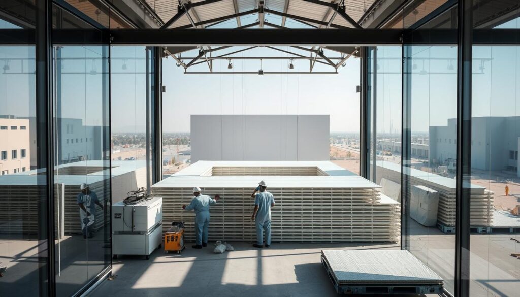 A well-lit, high-angle view showcasing the intricate assembly of a modern sandwich panel annex in Saudi Arabia. Sleek, reflective glass walls frame the scene, allowing natural light to flood the workspace. In the foreground, skilled technicians meticulously install the insulated panels, ensuring a seamless, high-quality finish. The middle ground depicts the annex's elegant, minimalist design, with clean lines and a harmonious color palette. In the background, a glimpse of the surrounding architecture provides context, hinting at the broader vision for this high-end commercial project.