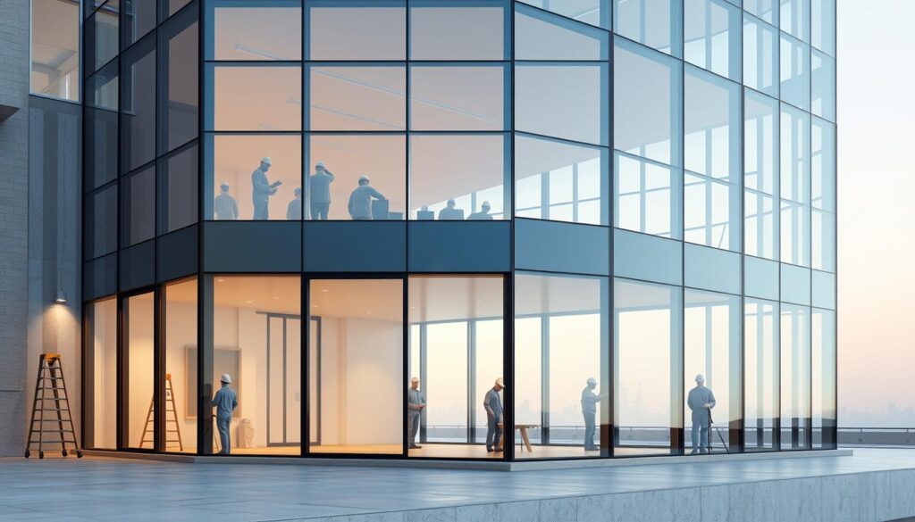 An architectural rendering of a modern glass and steel annex addition to an existing building in Riyadh, Saudi Arabia. The structure features a sleek, minimalist design with floor-to-ceiling windows offering panoramic views. Skilled workers carefully install insulated sandwich panels, ensuring optimal thermal efficiency. The annex is situated against the backdrop of the Eastern Facade, its elegant lines and geometric forms in harmony with the original structure. Soft, natural lighting filters through the expansive glazing, creating a serene, inviting ambiance. The overall impression is one of meticulous engineering, energy-conscious construction, and architectural sophistication.