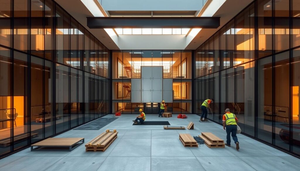 An expansive and meticulously crafted engineering services panorama showcasing the precision and expertise of the exterior design team. Sleek glass walls flank a central courtyard, where skilled technicians carefully install high-performance insulated panels, ensuring optimal thermal efficiency and aesthetic harmony. Warm sunlight filters through the modernist structure, casting subtle shadows that accentuate the clean lines and seamless integration of materials. The scene exudes a sense of sophisticated functionality, reflecting the unwavering commitment to quality and safety that underpins this prestigious project.