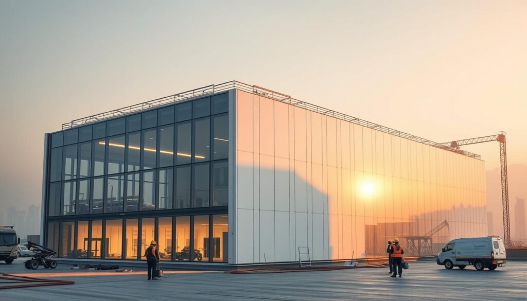 An expansive architectural rendering of a modern engineering services facility, featuring a sleek glass-walled exterior with expertly installed insulated sandwich panels. The structure stands prominently, bathed in warm, directional lighting that casts dramatic shadows, highlighting the intricate details of the construction process. In the foreground, skilled technicians meticulously oversee the installation, their careful movements and specialized equipment conveying a sense of precision and professionalism. The middle ground showcases the building's elegant design, with clean lines, strategic angles, and a harmonious integration of form and function. The background gently fades into a hazy, atmospheric setting, suggesting the structure's place within a larger urban landscape. The overall scene emanates a tone of quality assurance, engineering expertise, and a commitment to excellence in construction and design.