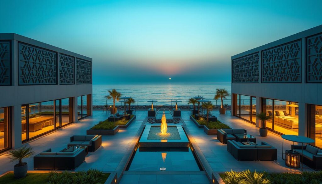 An expansive open-air majlis set against the dramatic backdrop of the Jubail coast, where sleek contemporary structures with floor-to-ceiling glass panels and insulated sandwich walls seamlessly blend with the natural landscape. Warm spotlights illuminate the intricate geometric patterns adorning the facades, casting a cozy glow across the carefully curated outdoor lounging areas. Plush seating arrangements, elegant water features, and lush greenery create an atmosphere of refined luxury, inviting guests to bask in the serene ambiance as the sun sets over the glistening Arabian Gulf.