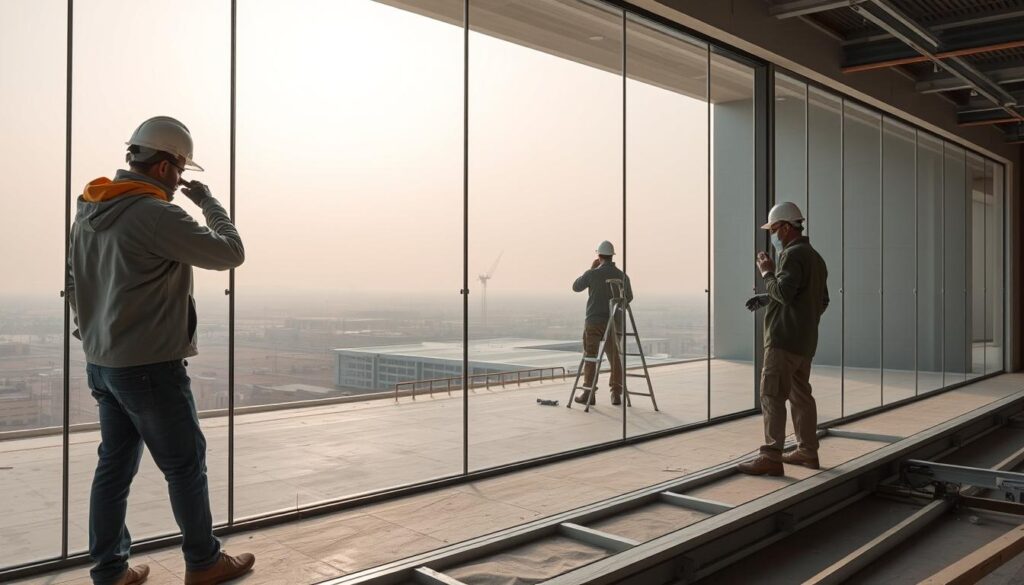 Architectural engineers overseeing the construction of modern glass rooms and annexes in Saudi Arabia. Technicians carefully installing insulated sandwich panels, ensuring superior thermal and acoustic performance. Sleek frameless glass walls with panoramic views, supported by a sturdy yet discreet metal structure. Precise attention to detail, balancing form and function for a seamless, high-quality finish. Soft diffused lighting accentuates the transparency and elegance of the design. Rigorous quality control and engineering supervision guarantee structural integrity and long-term durability. An image showcasing the meticulous process behind creating stunning, energy-efficient glass spaces.