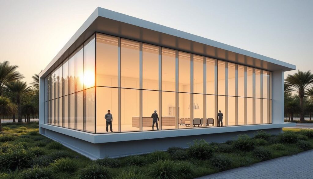 Architectural rendering of the Sharqiyah Building 2026, a modern annex with sleek glass walls and an open, airy design. The structure features an array of insulated sandwich panels being expertly installed by skilled workers, creating a seamless, energy-efficient facade. Sunlight filters through the expansive windows, casting warm, natural illumination across the minimalist interior. The building is situated within a lush, verdant landscape, blending harmoniously with its surroundings. An innovative, forward-looking project that showcases the region's advancement in sustainable construction techniques.