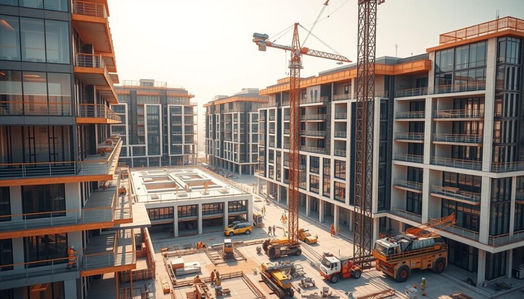 Detailed architectural rendering of a modern construction site in Dammam, Saudi Arabia in the year 2026. Show a sprawling high-end residential development with multiple stories, sleek glass facades, and a mix of traditional and contemporary design elements. Capture the scale and complexity of the building process, with workers using advanced construction equipment to install insulated sandwich panels and other premium building materials. Bathe the scene in warm, natural lighting that highlights the intricate textures and geometric patterns of the architecture. Convey a sense of ambitious engineering and meticulous attention to detail that reflects the premium quality and aesthetic appeal of the 2026 construction in Dammam.