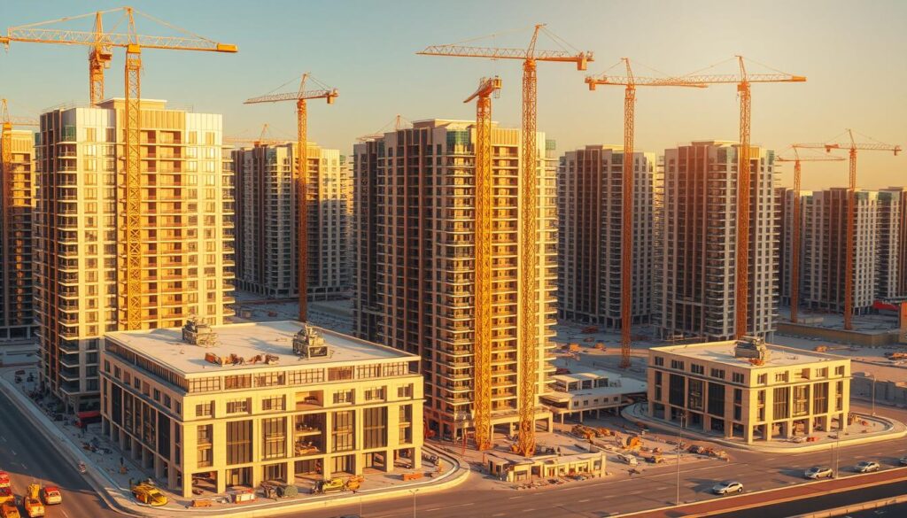 Detailed architectural rendering of multiple construction sites in the city of Al-Qatif, Saudi Arabia. Towering modern annexes with floor-to-ceiling glass walls and insulated sandwich panel installations. Cranes and equipment surrounding the buildings, reflecting the bustling activity of an active development project. Warm, golden-hued sunlight casts shadows across the facades, creating depth and texture. The scene conveys a sense of progress and innovation in the region's built environment.