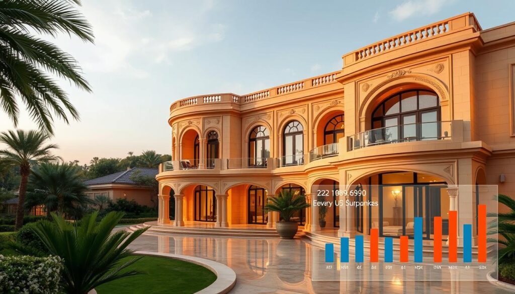 Elegant Middle Eastern villa nestled in lush greenery, its intricate exterior accented by warm sandstone hues and intricate architectural details. Spacious open-plan interiors feature gleaming marble floors, recessed lighting casting a soft glow, and wide panoramic windows framing picturesque garden views. Skilled construction workers carefully assemble insulated sandwich panels, meticulously crafting glass-enclosed annexes and sunrooms to seamlessly blend modern comforts with timeless regional charm. Precise costings for every aspect of the build, from foundations to finishes, displayed in a sleek infographic presentation.