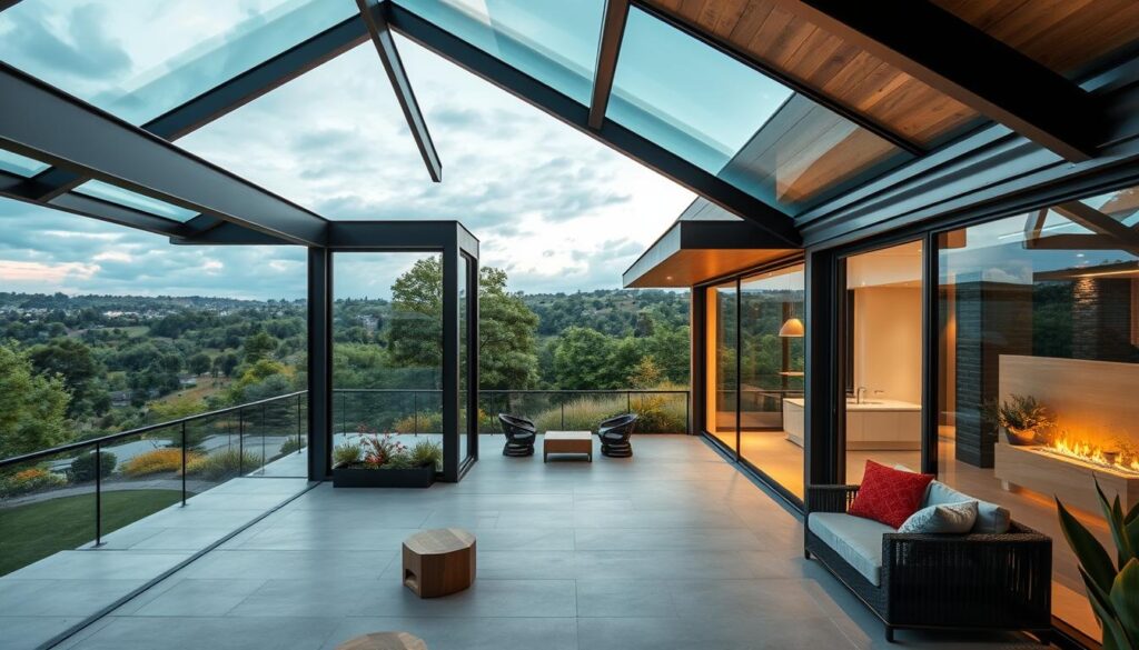 Elegant outdoor gathering spaces with sleek, contemporary glass annexes overlooking lush landscapes. Geometric steel frames and panels of insulated glass create a seamless transition between indoors and out. Warm lighting filters through minimalist structures, casting a cozy ambiance across the scene. Skilled workers carefully install the high-performance sandwich panels, ensuring both aesthetic appeal and thermal efficiency. This idyllic setting exemplifies the perfect balance of architectural design and practical functionality for modern outdoor living.