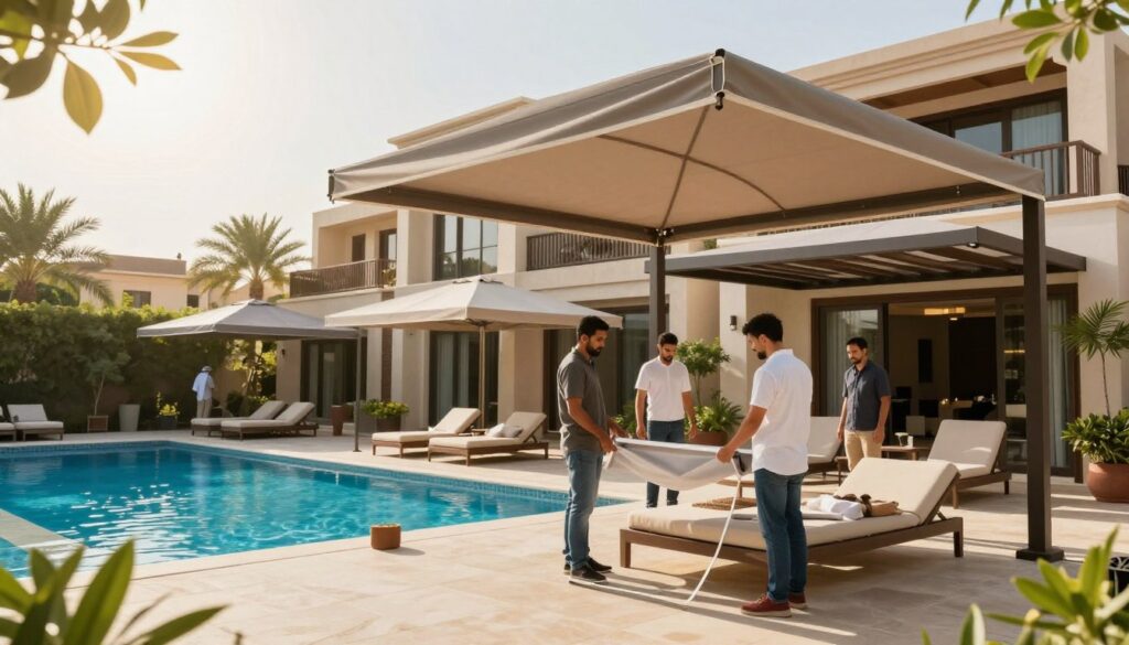 A beautifully designed outdoor space featuring elegant swimming pool canopies for villas in Saudi Arabia. In the foreground, showcase a professional team installing custom shades, dressed in smart casual attire, focusing on their task with precision. The middle ground displays several stylish, modern canopies in various designs, offering shade and protection over sparkling blue swimming pools. In the background, the villa architecture reflects contemporary Middle Eastern design, with warm hues and lush greenery framing the scene. Warm sunlight filters through the canopies, creating a serene, inviting atmosphere, perfect for relaxing by the pool. The angle captures both the intricate details of the canopies as well as the luxurious feel of the overall setting, evoking a sense of comfort and safety.