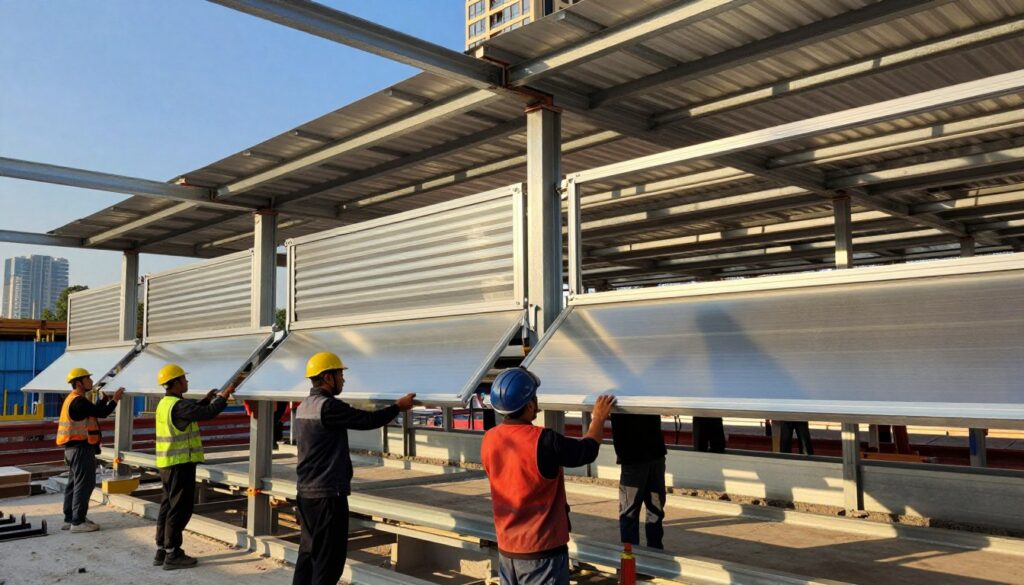 A construction site featuring skilled workers installing metallic shades in a modern urban environment. The foreground displays several workers in professional attire carefully positioning sleek, industrial-grade metal panels on a robust frame that provides structural support. The middle ground showcases completed sections of the metal shades, with their shiny surface reflecting sunlight, casting intricate shadows on the ground below. In the background, a clear blue sky provides contrast to the shades, while a few tall buildings hint at a vibrant city life. The scene is well-lit, with warm afternoon sunlight illuminating the installation process, creating a productive and professional atmosphere. The overall mood conveys a sense of teamwork and innovation in construction.