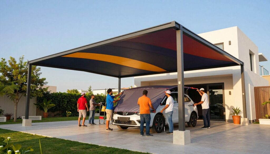 A contemporary design of structural tension canopies set in a sunlit outdoor environment, showcasing a professional team installing custom car shades and outdoor canopies for modern villas in Saudi Arabia. In the foreground, workers in smart casual attire, equipped with tools, are carefully assembling the canopy framework. The middle ground features elegant, sleek canopies with artistic curves and vibrant colors that complement the villa architecture. The background consists of lush greenery and an azure sky, enhancing the modern aesthetic of the scene. Soft, natural lighting creates a warm atmosphere, emphasizing the innovative design of the canopies which blend functionality with style. Capture the scene from a slightly elevated angle to provide a comprehensive view of the installation process and the elegant surroundings. A contemporary design of structural tension canopies set in a sunlit outdoor environment, showcasing a professional team installing custom car shades and outdoor canopies for modern villas in Saudi Arabia. In the foreground, workers in smart casual attire, equipped with tools, are carefully assembling the canopy framework. The middle ground features elegant, sleek canopies with artistic curves and vibrant colors that complement the villa architecture. The background consists of lush greenery and an azure sky, enhancing the modern aesthetic of the scene. Soft, natural lighting creates a warm atmosphere, emphasizing the innovative design of the canopies which blend functionality with style. Capture the scene from a slightly elevated angle to provide a comprehensive view of the installation process and the elegant surroundings.