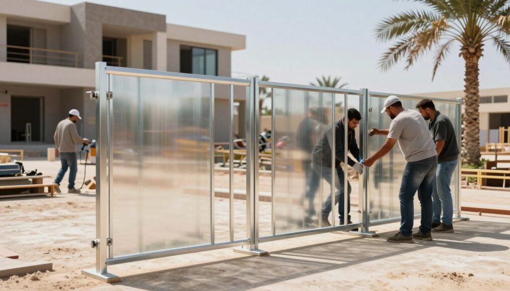 A detailed view of metallic barriers being installed in a construction site, designed for protective solutions in a modern architectural context. In the foreground, professional workers in modest business attire are collaborating on the assembly of sturdy metal screens, showcasing their craftsmanship and teamwork. In the middle ground, the intricate design of the metallic barriers can be seen, reflecting sunlight and casting unique shadows on the ground. The background reveals a partially completed villa in the picturesque region of Al-Ahsa, with palm trees and blue skies creating a captivating atmosphere. The scene is well-lit, highlighting the durability and sleek nature of the metallic structures. Capture this moment with a slight depth-of-field focus to emphasize the barriers.