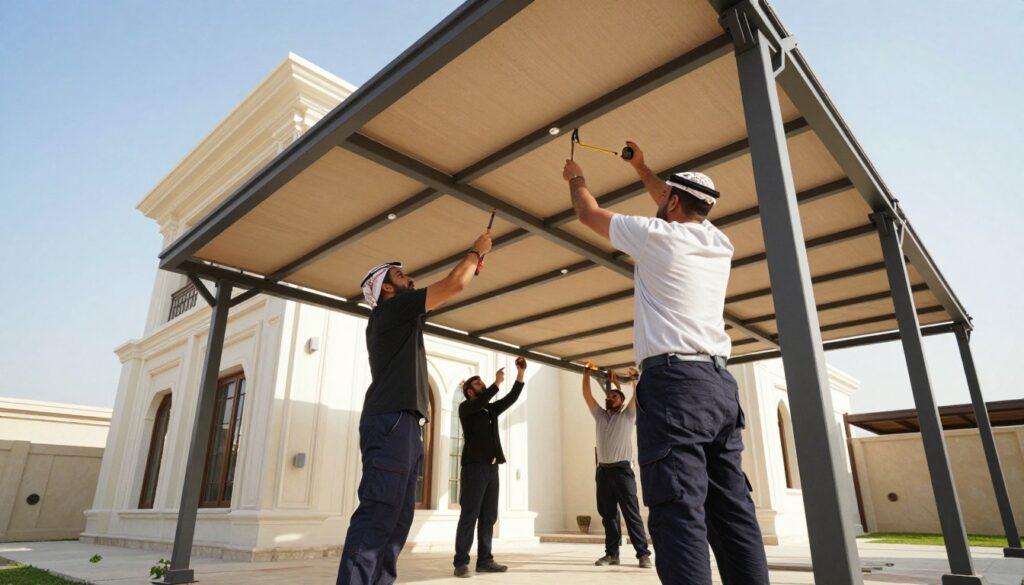 A dynamic scene showcasing a professional team in business attire actively installing custom structural canopies at a villa in Dammam, Saudi Arabia. The foreground features two skilled workers carefully assembling parts of a large shade structure, focusing on their precise movements and use of tools. In the middle ground, the elegant villa is visible, with architectural details that emphasize luxury and modern design. The background captures the clear blue sky, with sunlight casting friendly shadows across the scene, adding warmth to the atmosphere. The angle is slightly elevated, providing a broad view of the entire installation process, while maintaining a sense of professionalism and innovation in the construction of outdoor shades.