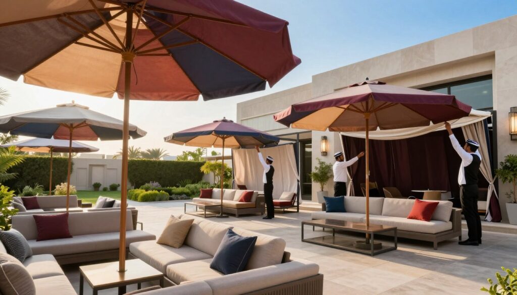 A luxurious outdoor setting featuring elegant canopies and shades, designed specifically for high-end seating areas in a modern Saudi villa. In the foreground, showcase beautifully crafted, spacious seating arrangements draped with stylish, large umbrellas providing shade. The vibrant colors of the fabrics contrast with the serene greenery around. In the middle ground, a professional team attired in smart uniforms is skillfully installing custom car shades and elegant outdoor canopies, reflecting precision and expertise. The background depicts a modern villa architecture under a clear blue sky with soft sunlight filtering through the shades, creating a warm and inviting atmosphere, emphasizing comfort and sophistication. The scene should evoke a feeling of luxury and tranquility, with a focus on contemporary design elements. A luxurious outdoor setting featuring elegant canopies and shades, designed specifically for high-end seating areas in a modern Saudi villa. In the foreground, showcase beautifully crafted, spacious seating arrangements draped with stylish, large umbrellas providing shade. The vibrant colors of the fabrics contrast with the serene greenery around. In the middle ground, a professional team attired in smart uniforms is skillfully installing custom car shades and elegant outdoor canopies, reflecting precision and expertise. The background depicts a modern villa architecture under a clear blue sky with soft sunlight filtering through the shades, creating a warm and inviting atmosphere, emphasizing comfort and sophistication. The scene should evoke a feeling of luxury and tranquility, with a focus on contemporary design elements.