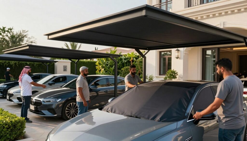 A modern car shade, wind-resistant, prominently features sleek lines and a stylish design, set in a luxurious villa environment in Saudi Arabia. In the foreground, a professional team of workers, dressed in modest casual clothing, expertly installs the shade. The middle ground showcases multiple shades providing protection for several high-end cars, with a backdrop of well-maintained greenery and villa architecture. The lighting is warm and inviting, indicating a sunny day, while soft shadows add depth to the scene. The angle is slightly elevated, capturing both the action and the elegance of the installation, highlighting the contemporary aesthetic of outdoor canopies and their functionality. The atmosphere conveys professionalism and modern design in outdoor living spaces.