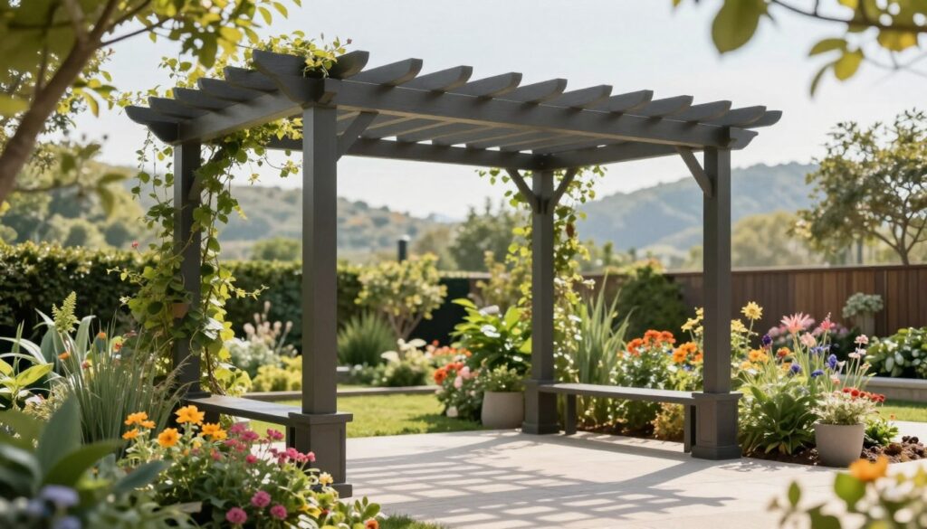 A modern garden pergola in a serene outdoor setting, showcasing sleek, stylish design elements that blend seamlessly with nature. In the foreground, vibrant flowers and lush greenery surround the pergola, emphasizing its features. The middle ground highlights the pergola structure made of refined materials, with a tasteful, artistic canopy providing shade. Soft, diffused sunlight filters through the leaves, casting gentle shadows on the ground. In the background, a picturesque view of a well-maintained garden and gentle hills adds depth to the scene. The atmosphere is tranquil and inviting, perfect for a cozy gathering. The image captures the charm and practicality of contemporary garden structures, focusing on elegance and functionality. A modern garden pergola in a serene outdoor setting, showcasing sleek, stylish design elements that blend seamlessly with nature. In the foreground, vibrant flowers and lush greenery surround the pergola, emphasizing its features. The middle ground highlights the pergola structure made of refined materials, with a tasteful, artistic canopy providing shade. Soft, diffused sunlight filters through the leaves, casting gentle shadows on the ground. In the background, a picturesque view of a well-maintained garden and gentle hills adds depth to the scene. The atmosphere is tranquil and inviting, perfect for a cozy gathering. The image captures the charm and practicality of contemporary garden structures, focusing on elegance and functionality.