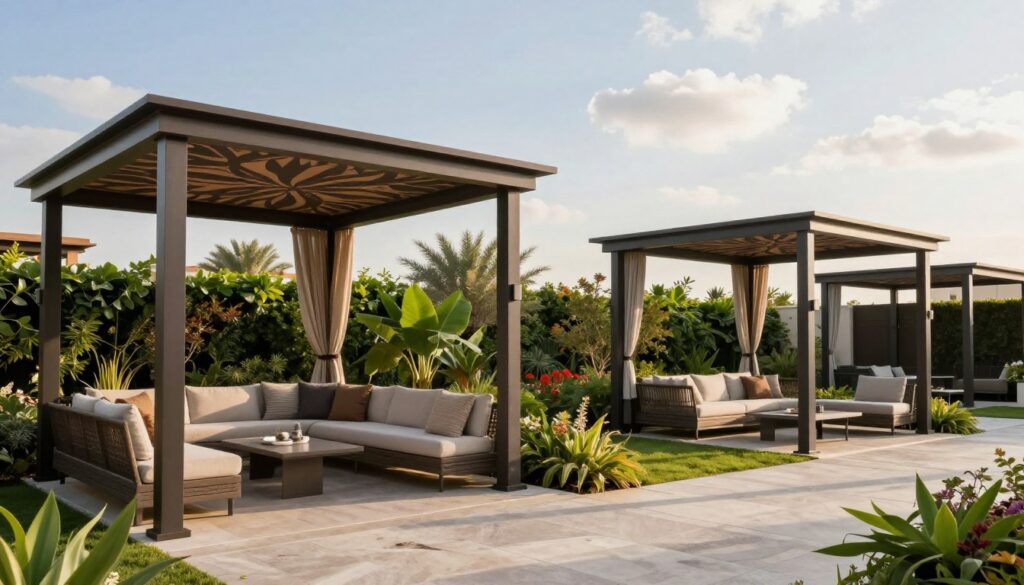 A modern garden with stylish shade structures, showcasing contemporary canopy designs that provide relaxation spaces for outdoor living. In the foreground, elegant and functional canopies with intricate patterns, elegantly installed over seating areas with premium outdoor furniture. The middle ground features lush greenery and flowering plants, enhancing the serene environment. In the background, a bright, clear sky with soft clouds illuminates the scene, creating a warm, inviting atmosphere. The lighting is bright and natural, casting soft shadows that highlight the textures of the materials used. Capture an angle that emphasizes the harmony between the shade structures and the surrounding garden, evoking a sense of tranquility and modernity in an upscale Saudi villa setting, devoid of any human subjects. A modern garden with stylish shade structures, showcasing contemporary canopy designs that provide relaxation spaces for outdoor living. In the foreground, elegant and functional canopies with intricate patterns, elegantly installed over seating areas with premium outdoor furniture. The middle ground features lush greenery and flowering plants, enhancing the serene environment. In the background, a bright, clear sky with soft clouds illuminates the scene, creating a warm, inviting atmosphere. The lighting is bright and natural, casting soft shadows that highlight the textures of the materials used. Capture an angle that emphasizes the harmony between the shade structures and the surrounding garden, evoking a sense of tranquility and modernity in an upscale Saudi villa setting, devoid of any human subjects.