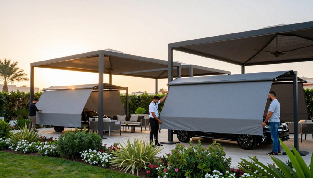 A modern outdoor garden patio in Dammam, featuring elegantly designed canopies and shades that provide ample protection while enhancing the aesthetic appeal. In the foreground, display a professional team meticulously installing sleek, custom car shades and stylish outdoor canopies, dressed in smart, casual attire. The middle ground should showcase lush greenery, flowers, and a beautifully set outdoor seating area with modern furniture. In the background, capture a warm sunset illuminating the scene, casting gentle shadows and highlighting the architectural details of the canopies. The atmosphere should evoke comfort and sophistication, inviting viewers to imagine relaxing in this serene outdoor setting. Use soft lighting and a wide-angle lens to enhance the inviting mood of the garden.