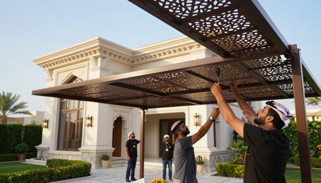 A modern outdoor scene showcasing professionals installing laser-cut metal shades at a luxurious villa in Dammam, Saudi Arabia. In the foreground, a skilled technician carefully adjusts the intricate patterns of the laser-cut shade, emphasizing craftsmanship. The middle ground features the elegantly designed villa with rich architectural details, surrounded by well-manicured gardens and lush greenery. The background displays a clear blue sky, with soft sunlight illuminating the scene, creating a warm, inviting atmosphere. The image should capture the protective and shading qualities of the metal shades, highlighting modern design aesthetics. The mood is professional and serene, focusing on the importance of these unique shades for both privacy and style, using a slightly elevated angle to ensure a comprehensive view. A modern outdoor scene showcasing professionals installing laser-cut metal shades at a luxurious villa in Dammam, Saudi Arabia. In the foreground, a skilled technician carefully adjusts the intricate patterns of the laser-cut shade, emphasizing craftsmanship. The middle ground features the elegantly designed villa with rich architectural details, surrounded by well-manicured gardens and lush greenery. The background displays a clear blue sky, with soft sunlight illuminating the scene, creating a warm, inviting atmosphere. The image should capture the protective and shading qualities of the metal shades, highlighting modern design aesthetics. The mood is professional and serene, focusing on the importance of these unique shades for both privacy and style, using a slightly elevated angle to ensure a comprehensive view.