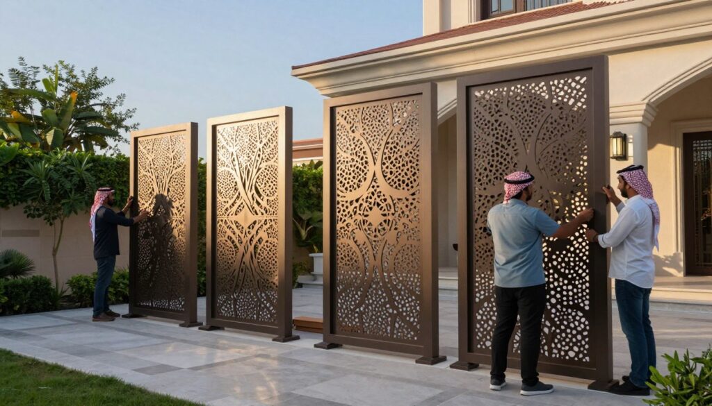 A modern outdoor setting showcasing elegant and contemporary privacy screens, designed with intricate laser-cut patterns, installed around a luxurious villa in Saudi Arabia. In the foreground, skilled professionals in smart casual attire are attentively setting up the screens, their focus evident as they handle high-quality materials. The middle ground features the beautifully crafted privacy screens, accentuated by soft shadows, revealing their unique designs that harmonize with the architecture of the villa. In the background, lush greenery and a clear blue sky create a serene and sophisticated atmosphere, highlighting the elegance of outdoor living. The lighting is warm and inviting, casting a gentle glow on the installation area, emphasizing the modern aesthetic of the privacy solutions.