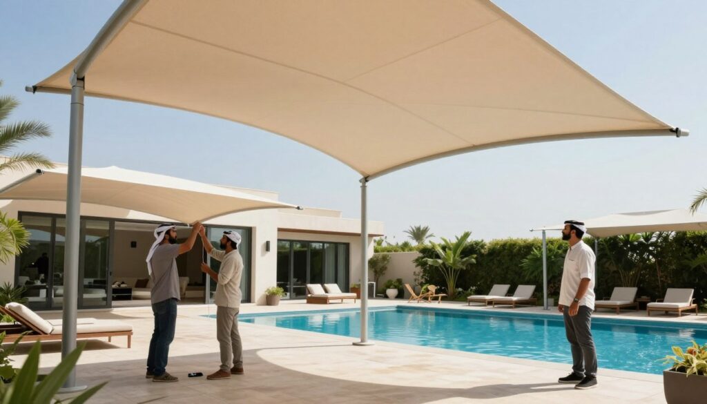 A modern poolside featuring architecturally designed tensioned canopies, harmonizing with the serene atmosphere of a luxury villa in Dammam, Saudi Arabia. In the foreground, skilled professionals in smart, casual attire are engaged in the careful installation of the sleek canopies, showcasing their expertise and attention to detail. The middle ground highlights the elegant, flowing shapes of the canopies, designed for maximum shade and style, with fabric textures glistening softly in the bright sunlight. In the background, a tranquil pool reflects the clear blue sky, surrounded by lush greenery, enhancing the overall sophisticated aesthetic. Soft, natural lighting creates an inviting ambiance, emphasizing the modern design that meets diverse needs. The composition captures a leisurely yet productive setting perfect for outdoor living.