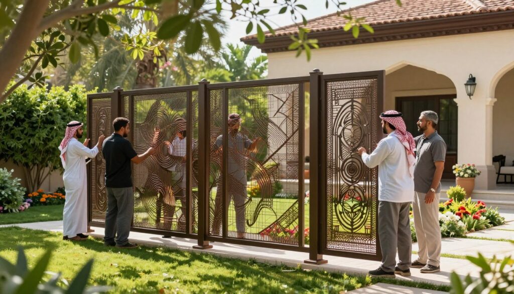 A picturesque scene depicting a professional team installing modern metal and agricultural screens in a lush villa garden in Saudi Arabia. In the foreground, skilled workers are dressed in modest, professional attire, carefully aligning intricate, laser-cut designs of the metallic screens that form a stylish privacy barrier. The middle ground showcases the vibrant greenery of the garden, with colorful flowers and shrubs enhancing the atmosphere. In the background, soft sunlight filters through the leaves, creating dappled patterns on the ground and highlighting the elegant architecture of the villa. The mood is one of productivity and elegance, emphasizing the sophistication of contemporary outdoor design and the quality of installation work being done. A picturesque scene depicting a professional team installing modern metal and agricultural screens in a lush villa garden in Saudi Arabia. In the foreground, skilled workers are dressed in modest, professional attire, carefully aligning intricate, laser-cut designs of the metallic screens that form a stylish privacy barrier. The middle ground showcases the vibrant greenery of the garden, with colorful flowers and shrubs enhancing the atmosphere. In the background, soft sunlight filters through the leaves, creating dappled patterns on the ground and highlighting the elegant architecture of the villa. The mood is one of productivity and elegance, emphasizing the sophistication of contemporary outdoor design and the quality of installation work being done.