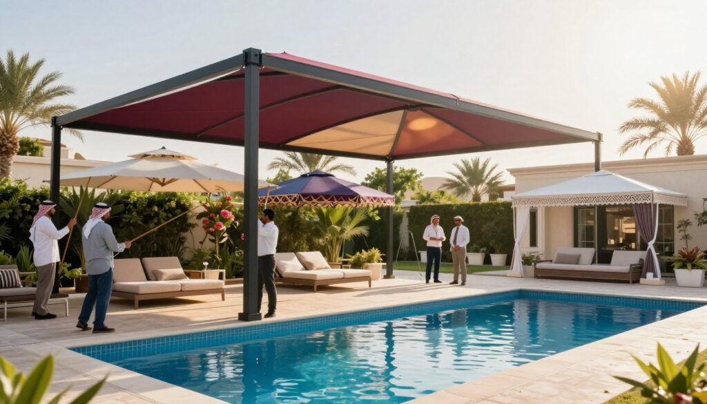 A picturesque scene of a professional team installing custom pool canopies at a luxurious villa in Dammam, Saudi Arabia. In the foreground, skilled workers, dressed in professional business attire, are carefully assembling the vibrant, elegant canopies, which provide shade over an inviting swimming pool. In the middle ground, various canopy designs are displayed, showcasing a blend of modern and traditional styles, ready for installation. The background features a beautifully landscaped garden with palm trees and flowering shrubs, typical of the region. The sunlight casts warm, inviting rays through the canopies, creating a serene and relaxing atmosphere. The image captures the essence of meticulous craftsmanship, highlighting the importance of selecting the best shade solutions for pools.
