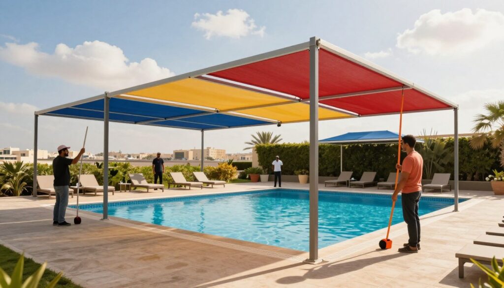 A picturesque scene showcasing a professional team installing colorful canopies over swimming pools in Al Jubail, Saudi Arabia. In the foreground, skilled workers diligently set up sturdy, vibrant pool shades, using specialized tools. The middle ground features a beautifully designed swimming pool, glistening under the bright sun, surrounded by lush greenery and comfortable lounge chairs. In the background, the cityscape of Al Jubail emerges, with a clear blue sky and soft, fluffy clouds adding a sense of tranquility. The sunlight casts playful shadows, creating a warm and inviting atmosphere. The image captures the essence of safety and style in outdoor living spaces, emphasizing the functionality and aesthetic of the canopies, without any people in swimwear or inappropriate attire.