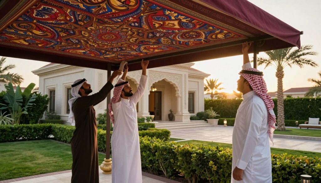 A professional and serene outdoor setting showcasing a skilled team installing stylish car shades and outdoor canopies for luxurious villas in Saudi Arabia. In the foreground, two team members in smart, modest attire are carefully adjusting a vibrant, patterned canopy above a beautifully landscaped garden, emphasizing teamwork and professionalism. The middle ground features an elegant villa with intricate architectural details, surrounded by lush greenery and palm trees. In the background, the warm glow of the late afternoon sun casts soft shadows, creating an inviting and tranquil atmosphere. The scene evokes a sense of professionalism and dedication to quality service, perfect for illustrating customer engagement and communication in a sophisticated outdoor environment.