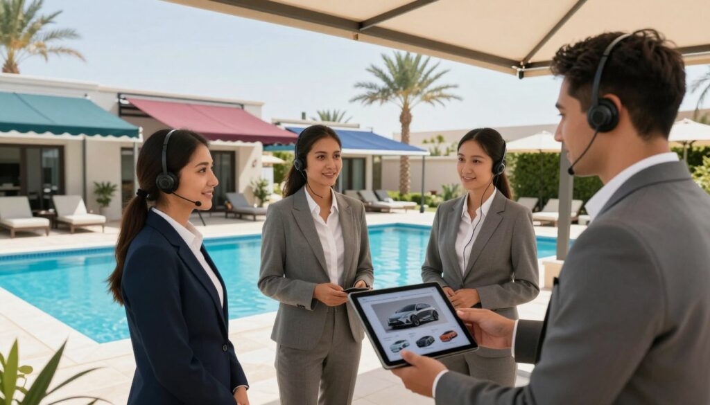 A professional customer service team, wearing smart business attire, is actively engaged in a friendly conversation near a stunning poolside setup in Dammam. In the foreground, focus on a team member offering assistance while displaying a tablet with design options for custom car shades and outdoor canopies. The middle ground features beautifully installed protective shades over luxurious swimming pools, showcasing a variety of colors and styles. In the background, palm trees sway gently under a bright blue sky, emphasizing the serene atmosphere of an upscale villa. Soft, natural lighting casts pleasant shadows, highlighting the professionalism and approachability of the team. The mood is warm and inviting, reflecting a commitment to exceptional service.