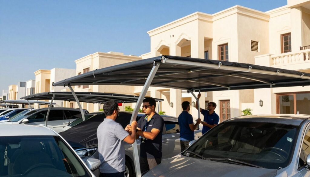 A professional installation of car shades and outdoor canopies unfolds in the vibrant city of Dammam, Saudi Arabia. The foreground features a skilled team in professional attire, focused on setting up custom metal and fabric car canopies beside elegant villas. The middle ground showcases the various shades being installed, highlighting the quality and design of the materials used, with sunlight streaming down to create soft shadows. In the background, the skyline of Dammam can be seen, depicting a clear blue sky adding to the outdoor ambiance. The overall mood is one of professionalism and dedication, illustrating the importance of using car shades to protect vehicles from the harsh sun, while ensuring a beautiful outdoor environment.