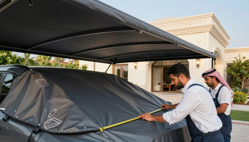 A professional installation scene showcasing a team of skilled workers installing custom car shades and outdoor canopies for a villa in Saudi Arabia. Foreground: two workers in professional business attire, focused on measuring and fitting a sleek, modern car shade made of durable materials. Middle ground: the partially installed car shade, highlighting intricate details like laser-cut designs and brackets. Background: a sunlit, elegant villa surrounded by lush greenery, with clear blue skies above, creating a warm and inviting atmosphere. The composition should emphasize teamwork and precision, with soft, natural lighting enhancing the scene. Capture the essence of professionalism, craftsmanship, and dedication to quality.