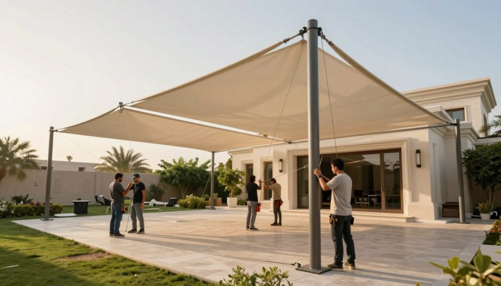 A professional installation team is busy erecting an architectural tension shade structure, showcasing the intricate designs and engineering involved. In the foreground, workers in modest casual clothing, equipped with tools, actively secure the fabric to the tensioning cables, demonstrating teamwork and expertise. The middle ground features the elegantly designed shade structure, with sleek lines and a modern aesthetic, casting soft shadows under bright, natural sunlight. In the background, a luxurious villa in Dammam can be seen, surrounded by lush greenery, enhancing the setting's tranquility. The scene is bathed in warm, golden hour lighting, giving a serene and inviting atmosphere, ideal for outdoor gatherings. The angle captures the depth of the installation process while focusing on the craftsmanship of the tension shade.