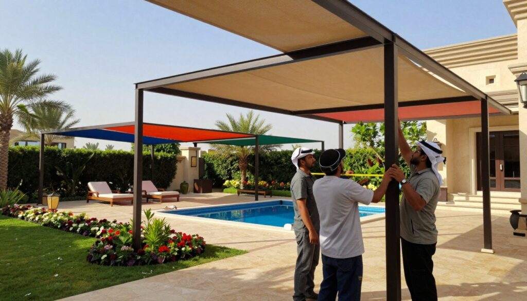 A professional installation team working diligently on custom outdoor canopies in a luxurious villa garden setting in Saudi Arabia. The foreground features three individuals in professional attire, carefully measuring and adjusting the frame of a shade structure. In the middle ground, partially assembled canopies with vibrant colors are being positioned above a beautifully landscaped pool area, highlighting the importance of shade solutions for outdoor leisure. The background showcases lush greenery and well-maintained flower beds under a bright blue sky, enhancing the inviting atmosphere. Soft, natural lighting creates a warm, welcoming mood, with the sun casting gentle shadows, emphasizing the craftsmanship and detail in the installation process. The scene reflects professionalism and expertise in enhancing outdoor spaces.