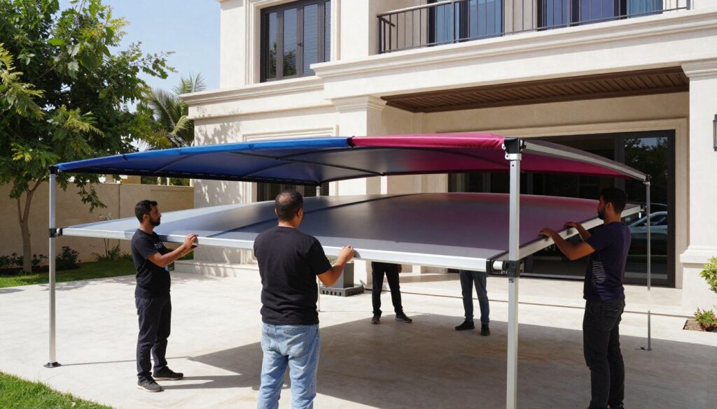 A professional installation team working on custom car shades at a modern villa in Dammam, Saudi Arabia. In the foreground, workers in smart casual attire, focused on assembling high-quality metal and fabric car canopies. The middle ground displays a partially completed installation, showcasing sleek, contemporary designs with clean lines and vibrant colors. The background features the elegant facade of the villa, surrounded by lush greenery. Bright, natural daylight illuminates the scene, casting soft shadows that enhance the structure's shapes. The atmosphere is professional and industrious, reflecting a commitment to quality and modern aesthetics in outdoor shade solutions.