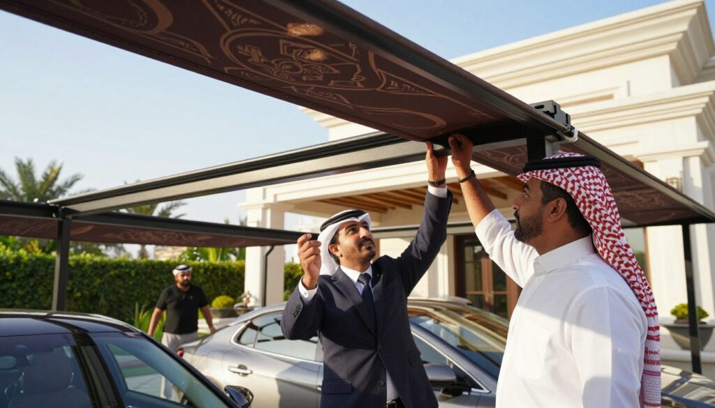 A professional outdoor setting depicting a team of experts installing elegant car shades and canopies for a luxurious villa in Saudi Arabia. In the foreground, focus on two skilled workers in business attire, carefully adjusting a stylish shade structure; their expressions convey concentration and expertise. The middle section features a partially constructed canopy, showcasing intricate designs and craftsmanship. In the background, the villa exudes modern architecture with lush greenery surrounding it, under a bright blue sky. The lighting is warm, creating an inviting and professional atmosphere. Capture this scene with a slightly elevated angle to emphasize the teamwork and the beauty of the outdoor setting.