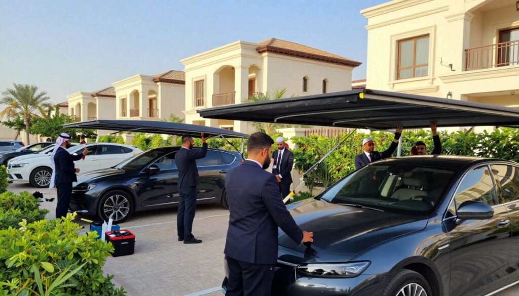 A professional team clad in smart business attire is diligently installing custom car shades and outdoor canopies in an upscale residential area in Al Khobar, Saudi Arabia. In the foreground, workers are carefully assembling a sleek, modern car shade structure, showcasing advanced materials and design. The middle ground features a partially completed canopy, with tools and equipment organized neatly nearby. Lush greenery surrounds the area, and the beautiful architecture of nearby villas is visible in the background against a clear blue sky, with soft sunlight illuminating the scene. The atmosphere is industrious yet serene, reflecting the high standards and professionalism of the car shade installation company.