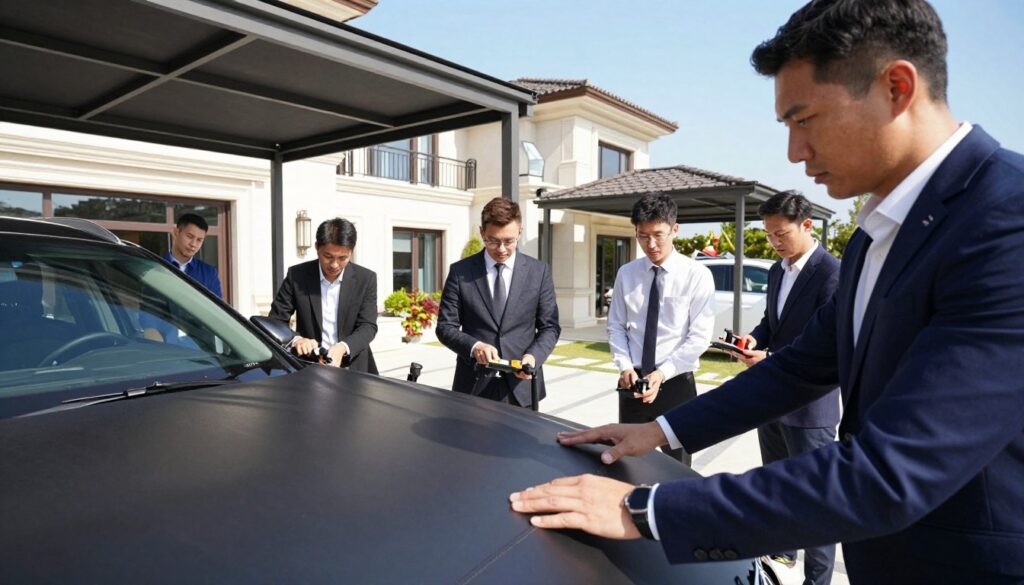 A professional team consisting of diverse individuals in tailored, professional attire works collaboratively on an outdoor project in a sunny environment. In the foreground, a close-up view shows a team leader directing the installation of custom car shades and outdoor canopies for luxurious villas, emphasizing precision and teamwork. In the middle ground, team members are seen handling tools and shades, showcasing the intricacies of construction and engineering. The background features elegant villas with large outdoor spaces, elegantly complemented by the newly installed canopies. The lighting is bright and natural, capturing a clear blue sky, creating an atmosphere of productivity and innovation. The angle is slightly elevated, offering a comprehensive view of the project's execution process. A professional team consisting of diverse individuals in tailored, professional attire works collaboratively on an outdoor project in a sunny environment. In the foreground, a close-up view shows a team leader directing the installation of custom car shades and outdoor canopies for luxurious villas, emphasizing precision and teamwork. In the middle ground, team members are seen handling tools and shades, showcasing the intricacies of construction and engineering. The background features elegant villas with large outdoor spaces, elegantly complemented by the newly installed canopies. The lighting is bright and natural, capturing a clear blue sky, creating an atmosphere of productivity and innovation. The angle is slightly elevated, offering a comprehensive view of the project's execution process.