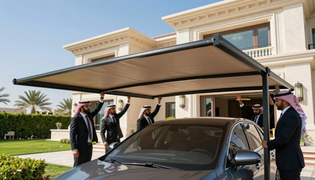 A professional team, dressed in smart business attire, is actively installing custom car shades and outdoor canopies at a luxurious villa in Saudi Arabia. The foreground captures the workers carefully positioning the elegant, modern canopies, showcasing their intricate designs and functionality. In the middle ground, the villa exudes opulence, with its contemporary architecture complemented by lush greenery and a clear blue sky, enhancing the scene's tranquility. The background reveals distant palm trees and a sunny horizon, creating a warm and inviting atmosphere. Bright, natural lighting highlights the craftsmanship of the shades and the professionalism of the team. The overall mood is industrious yet relaxed, reflecting a commitment to quality and aesthetic appeal. A professional team, dressed in smart business attire, is actively installing custom car shades and outdoor canopies at a luxurious villa in Saudi Arabia. The foreground captures the workers carefully positioning the elegant, modern canopies, showcasing their intricate designs and functionality. In the middle ground, the villa exudes opulence, with its contemporary architecture complemented by lush greenery and a clear blue sky, enhancing the scene's tranquility. The background reveals distant palm trees and a sunny horizon, creating a warm and inviting atmosphere. Bright, natural lighting highlights the craftsmanship of the shades and the professionalism of the team. The overall mood is industrious yet relaxed, reflecting a commitment to quality and aesthetic appeal.