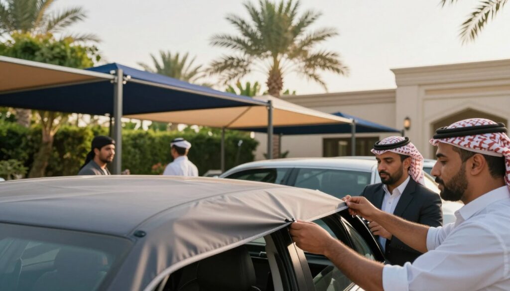 A professional team, dressed in smart work attire, is skillfully installing custom car shades and outdoor canopies at a villa in Al-Ahsa, Saudi Arabia. In the foreground, focus on the hands of the workers meticulously adjusting fabric and hardware, showcasing the attention to detail in the installation process. The middle ground features the elegant canopies in various colors and shapes, beautifully contrasting with the architectural style of the villa. In the background, lush greenery and palm trees provide a serene atmosphere, bathed in warm, natural sunlight, enhancing the inviting mood of an outdoor space. Capture this scene with a slightly elevated angle and soft focus, emphasizing the professionalism and craftsmanship of the installation while highlighting the luxurious outdoor setting. The image should reflect a sense of tranquility and aesthetic appeal, perfect for illustrating special offers related to these installations.