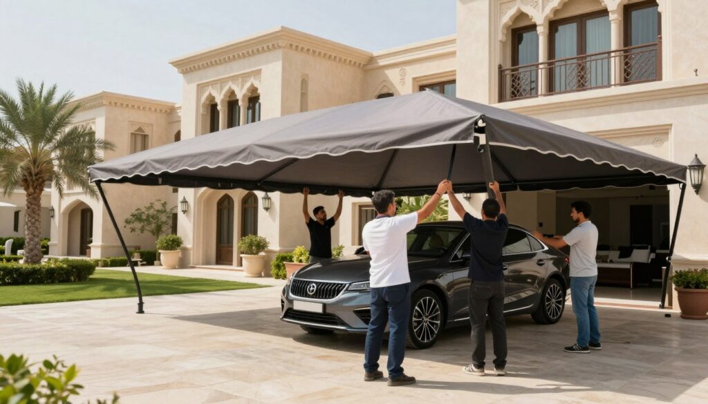 A professional team expertly installing custom car shades and outdoor canopies for villas in a picturesque Saudi setting. In the foreground, a diverse group of three technicians, dressed in modern uniforms, are carefully positioning a large, elegant canopy over a luxury villa's driveway. The middle ground features a partially erected structure, showcasing the intricate design of the shade. The background reveals a beautiful villa with traditional architectural accents and well-maintained landscaping. Bright, natural sunlight casts soft shadows, creating a warm, inviting atmosphere. The scene captures the essence of high-quality craftsmanship and tailored solutions in outdoor livability, emphasizing the importance of aesthetic and functional outdoor spaces.
