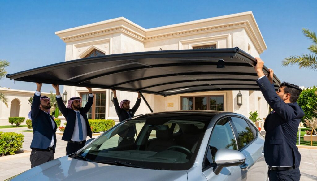 A professional team in business attire is installing custom car shades at a villa in Al Ahsa, Saudi Arabia. In the foreground, focus on two skilled workers positioning a large, stylish car canopy with a modern design. The middle ground features an elegant villa with lush landscaping, accentuating the harmonious integration of the shades with the property’s architecture. In the background, a clear blue sky casts vibrant sunlight, creating an atmosphere of efficiency and professionalism. The scene is framed with a wide-angle lens to capture the scale of the installation, highlighting the team’s expertise and the practical elegance of the shades. The lighting is bright and natural, conveying a sense of optimism and dedication to quality service.