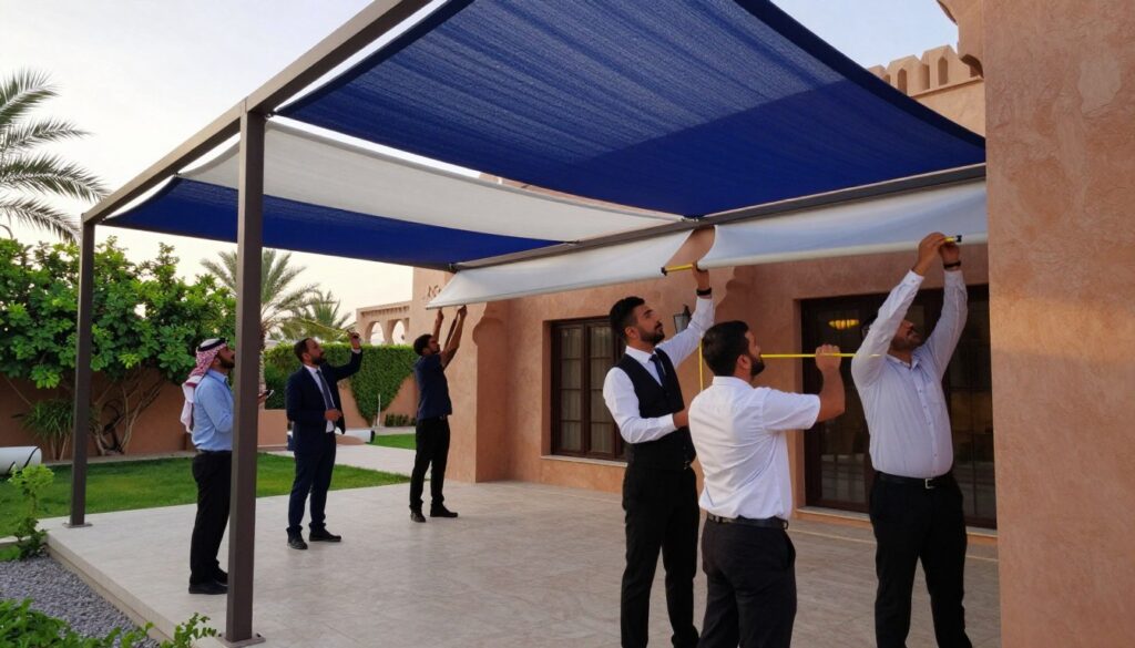 A professional team in business attire is installing custom tension fabric shades and outdoor canopies in a luxurious villa courtyard in Al Qatif, Saudi Arabia. In the foreground, focus on skilled technicians measuring and adjusting the installation process, showcasing precision and teamwork. The middle ground features a partially installed shade structure, with vibrant blue and white colors contrasting against the warm terracotta walls of the villa. In the background, lush green landscaping and traditional Saudi architectural elements create a serene atmosphere. The lighting is soft and inviting, suggesting an early morning or late afternoon setting. The angle is slightly elevated to capture the entire scene, emphasizing the meticulous craftsmanship and professional expertise involved in the installation.
