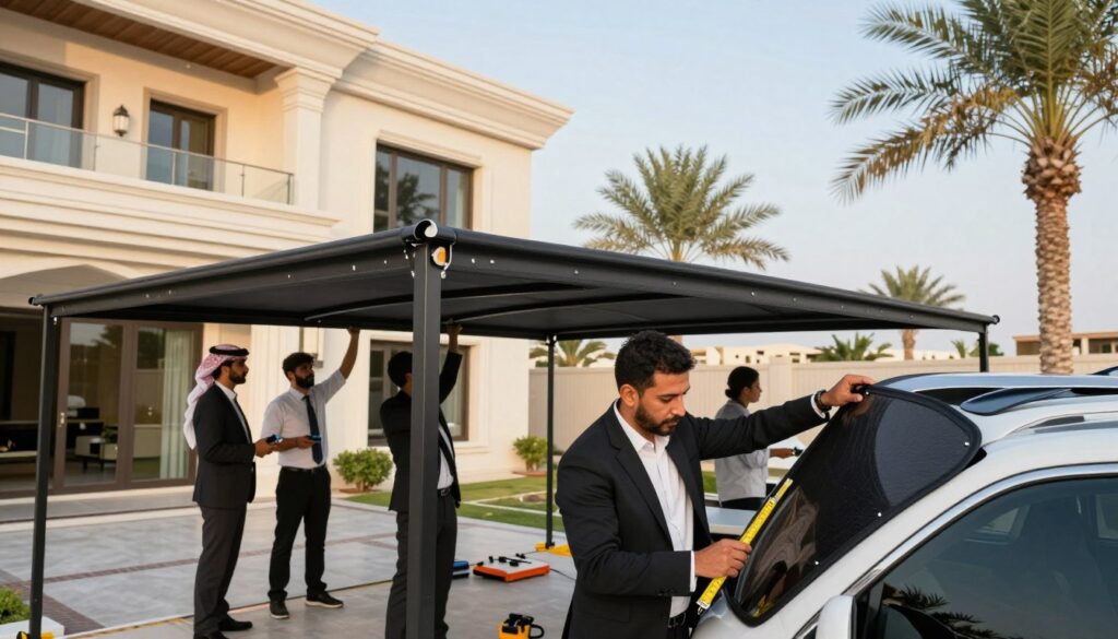 A professional team in business attire is skillfully installing custom car shades and outdoor canopies for luxury villas in Dammam, Saudi Arabia. In the foreground, focus on two workers using tools and measuring equipment, showcasing precision and collaboration. In the middle ground, display a partially installed shade structure that highlights quality craftsmanship and careful planning. The background features modern villa architecture, surrounded by palm trees and blue skies, reflecting a serene and positive atmosphere. Use warm, natural lighting to create a sense of professionalism and dedication, with a wide-angle view to capture the scale of the project. The overall mood is one of teamwork, integrity, and commitment to high standards in work ethics.