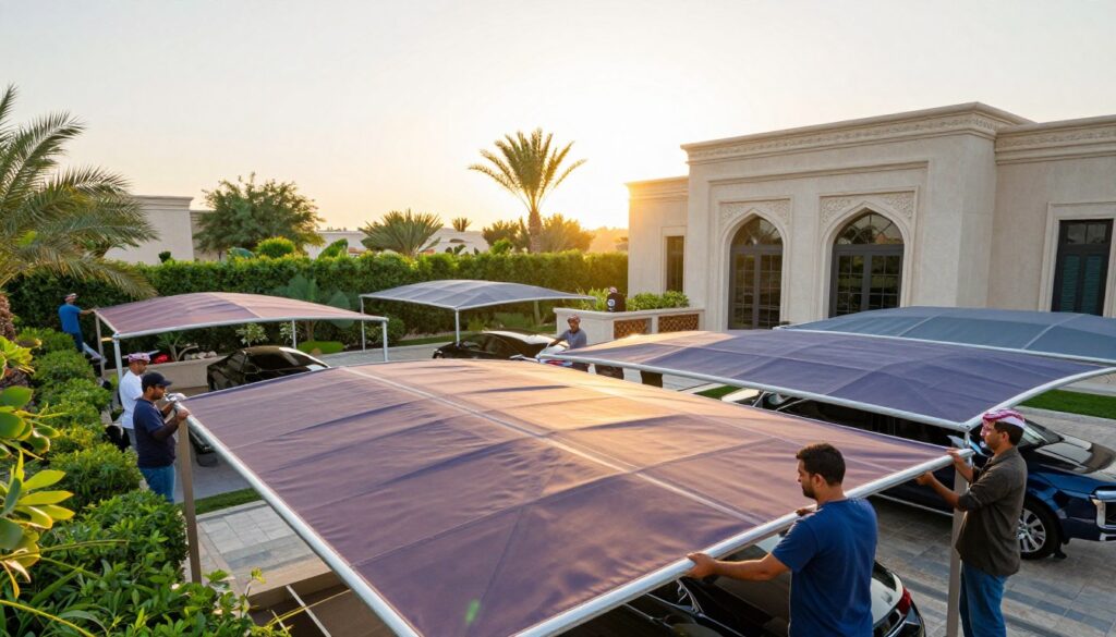 A professional team in modest casual clothing is installing custom car shades and outdoor canopies in a luxurious villa setting in Al-Ahsa, Saudi Arabia. In the foreground, workers are carefully measuring and adjusting the vibrant, structured shades, showcasing the architectural ingenuity of the designs. The middle ground reveals several elegant canopies, providing ample shade and aesthetic appeal, surrounded by lush greenery and modern landscaping typical of Saudi villas. In the background, the sun casts a warm golden light, creating a serene and inviting atmosphere, while the architectural details of the villa add to the sophistication of the scene. The angle is slightly elevated, capturing the teamwork and precision involved in the installation process, with a focus on harmony between the structures and the natural environment.