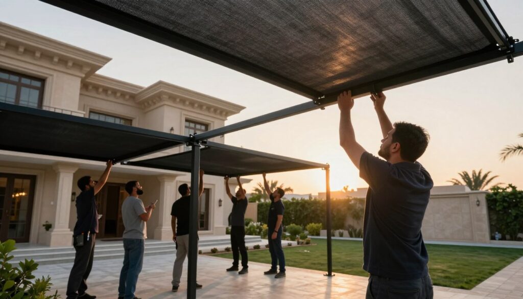A professional team in smart, modest work attire is actively installing structural car shades and outdoor canopies at a luxurious villa in Al-Ahsa, Saudi Arabia. In the foreground, focus on a skilled technician carefully adjusting the canopy's support structure, showcasing the engineering detail and craftsmanship involved. The middle layer features a modern villa setting, with elegant architectural lines and lush landscaping enhancing the ambiance. In the background, the sun sets softly, casting warm golden hues across the scene, while gentle shadows create a calm and inviting atmosphere. Use a wide-angle lens for a dynamic perspective, highlighting both the artistry of the canopies and the professionalism of the team, ensuring the image radiates quality and reliability in engineering execution.